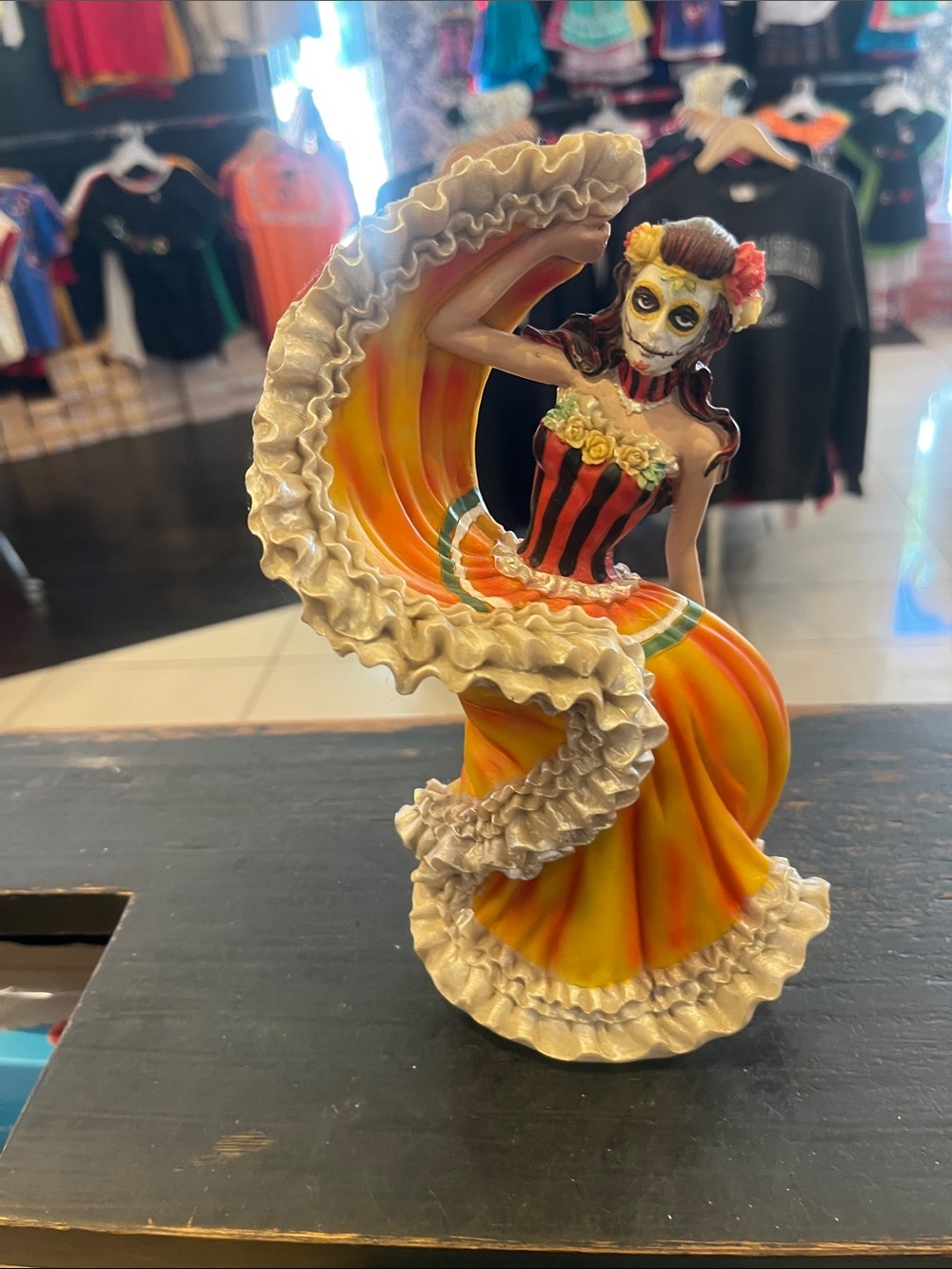 Decorative Day of the Dead Dancing Lady Figurine - Yellow and Orange 9 inches